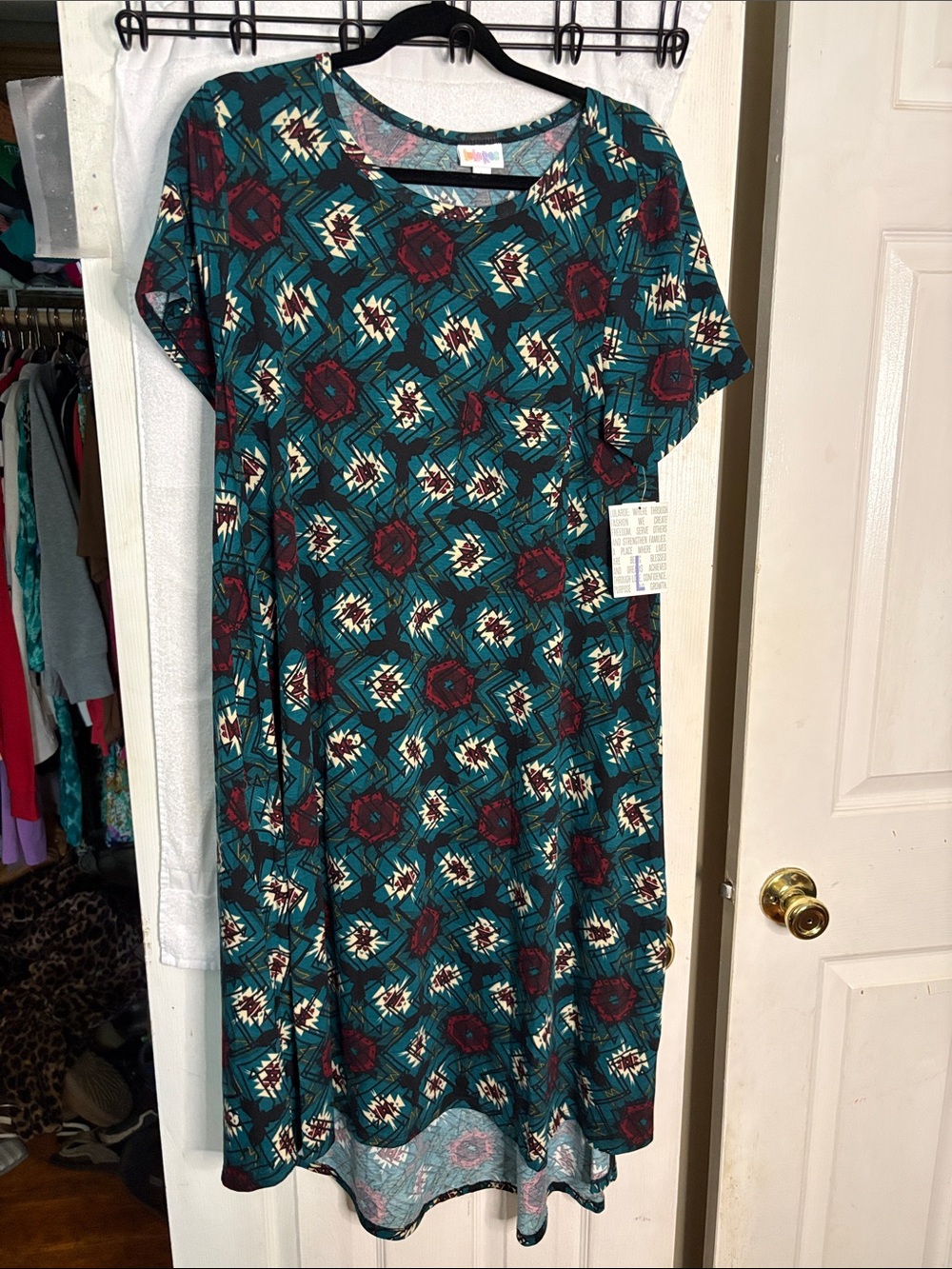 LuLaRoe Teal Aztec High-Low Carly Dress with Burgundy & Cream Accents